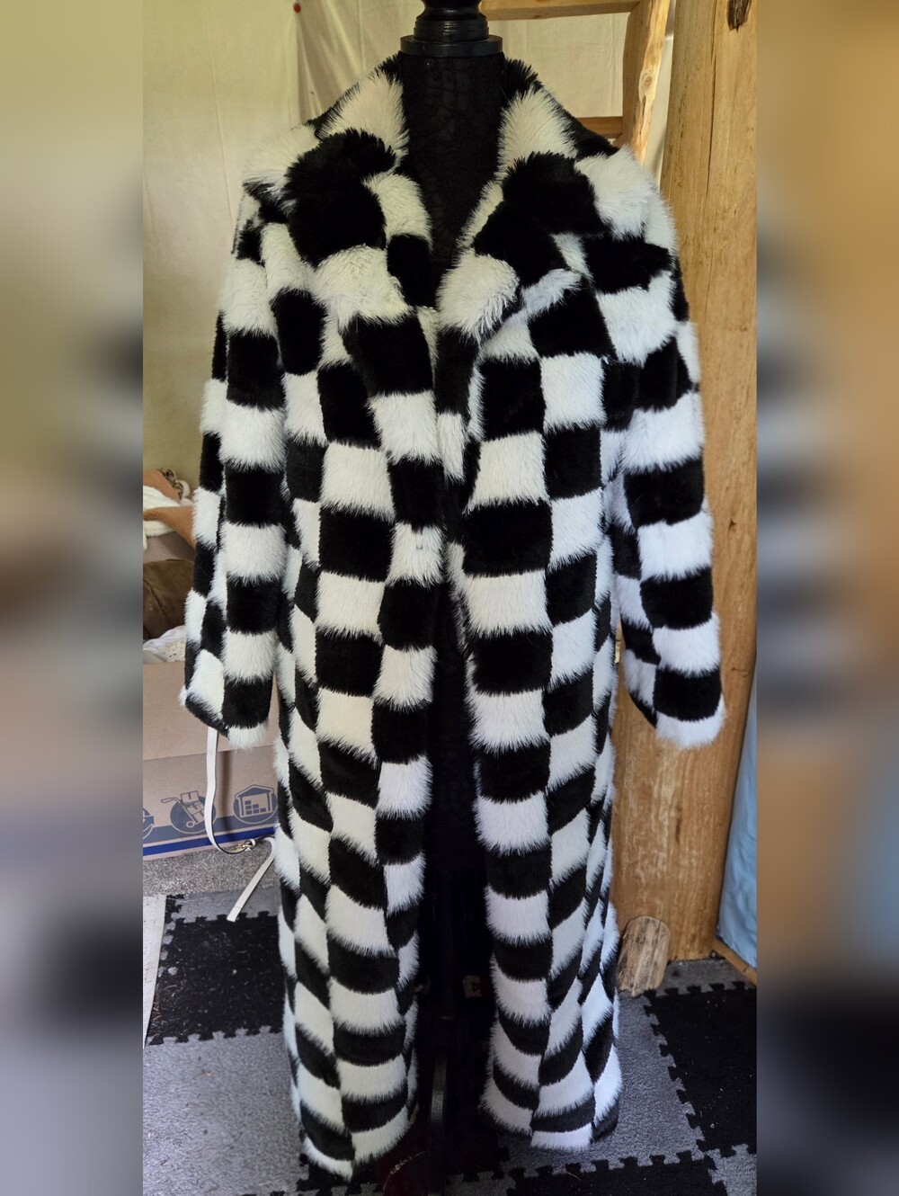 Checkerboard Faux Fur Teddy Coat - Black & White